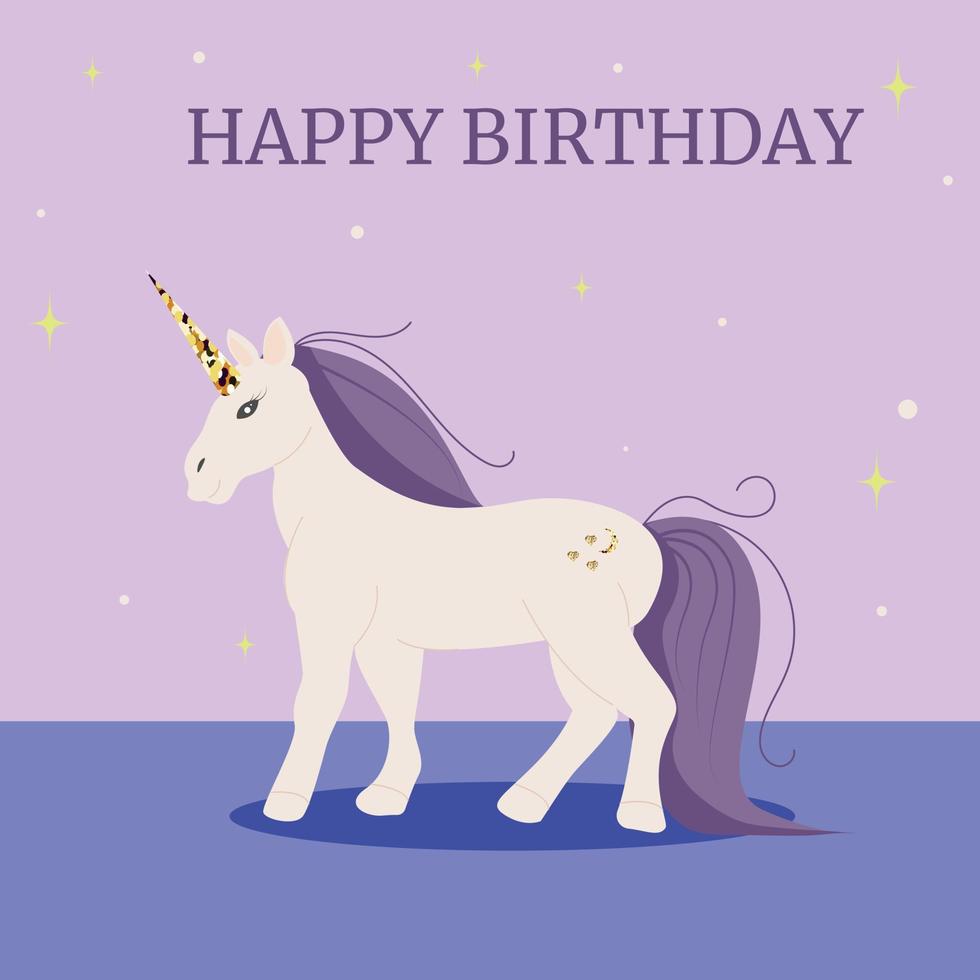 tarjeta de cumpleaños de unicornio con cuerno de oro vector