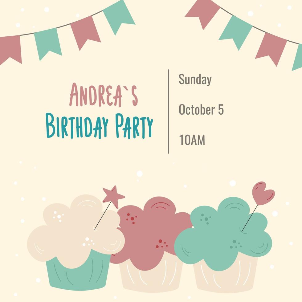 invitación de cumpleaños con cupcakes y banderas vector