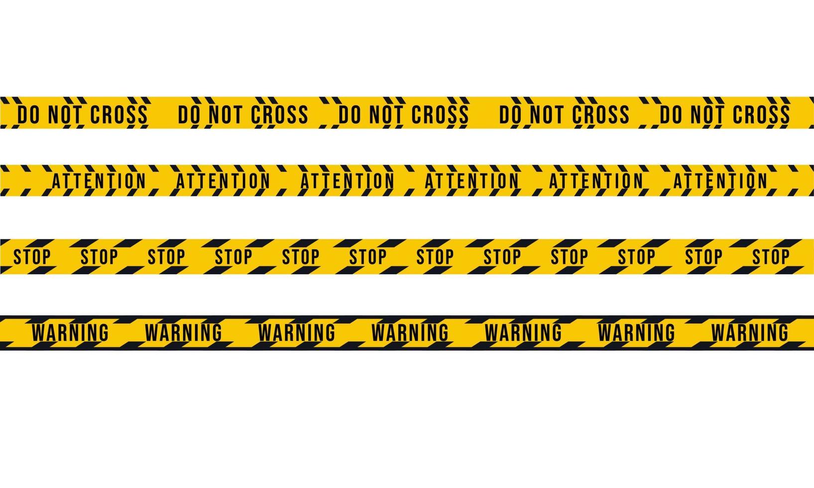 A set of construction and anti-crime warning tapes. Don't cross the road, attention, stop, warning. Vector illustration on white background.