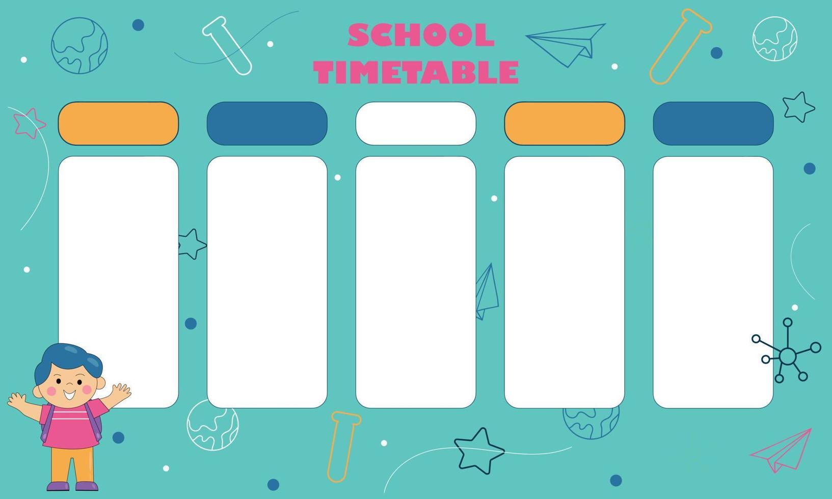 School timetable on blue background with school items and a boy. vector