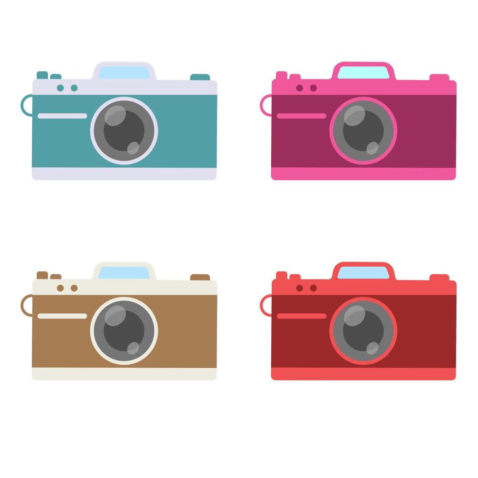 Retro color camera set. Flat vector illustration of a camera. Isolated on white background.