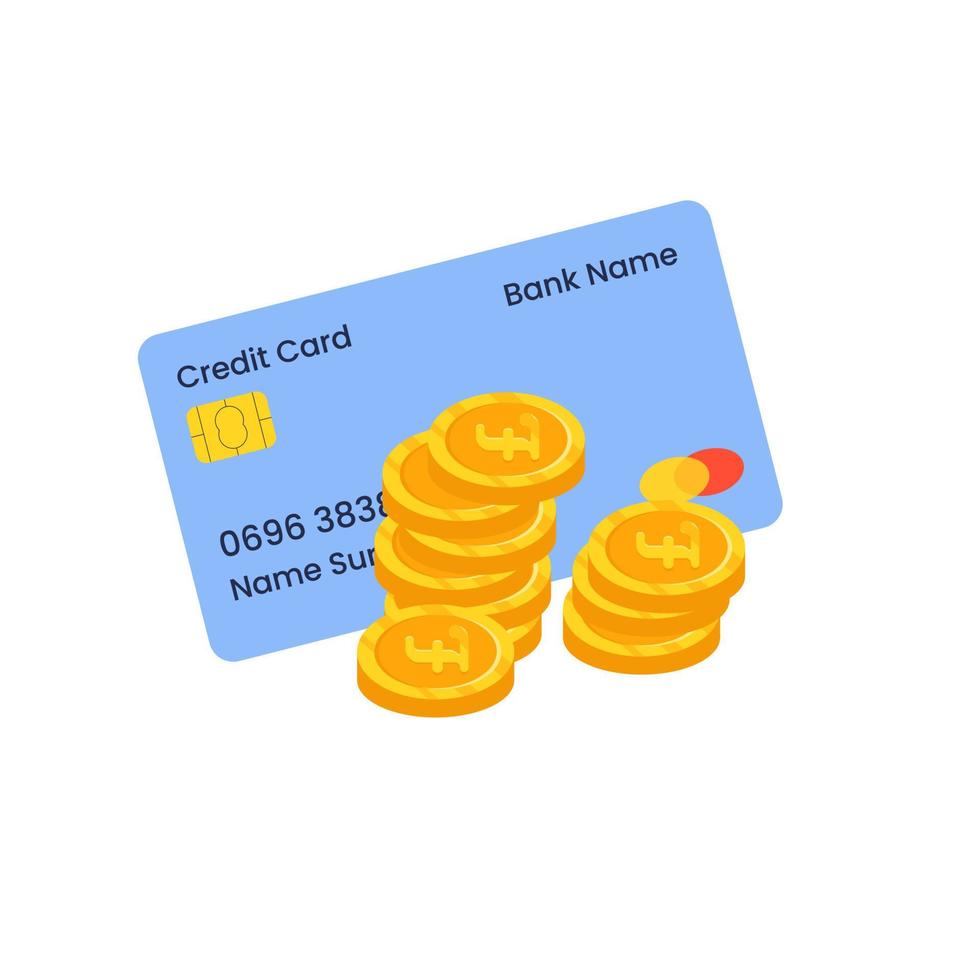 una tarjeta de crédito con un puñado de monedas de una libra. pago con tarjeta de crédito, concepto de negocio. ilustración plana vectorial. vector