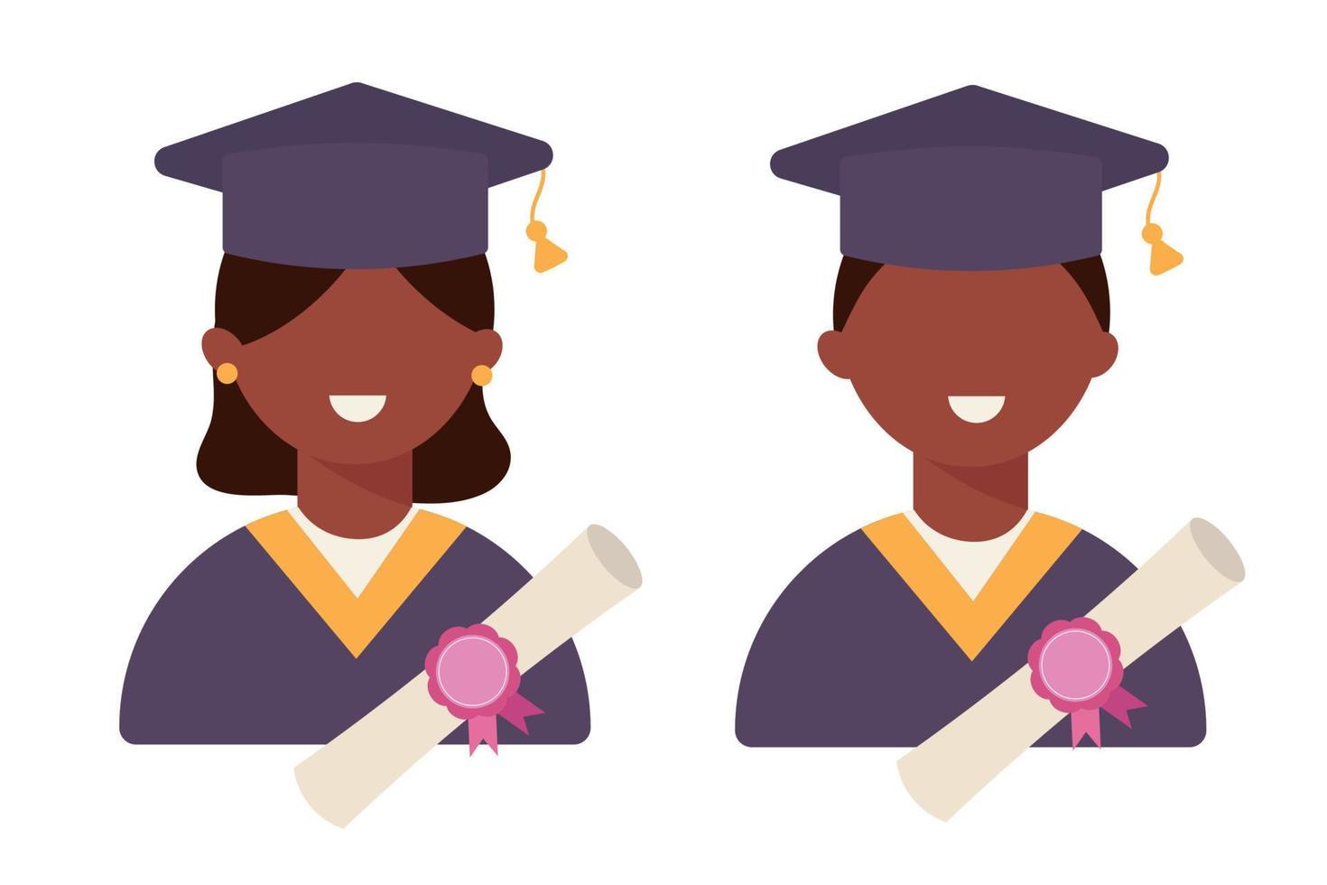 un estudiante sonríe el día de la graduación con su diploma. hombre y mujer negros en estilo plano. ilustración vectorial vector