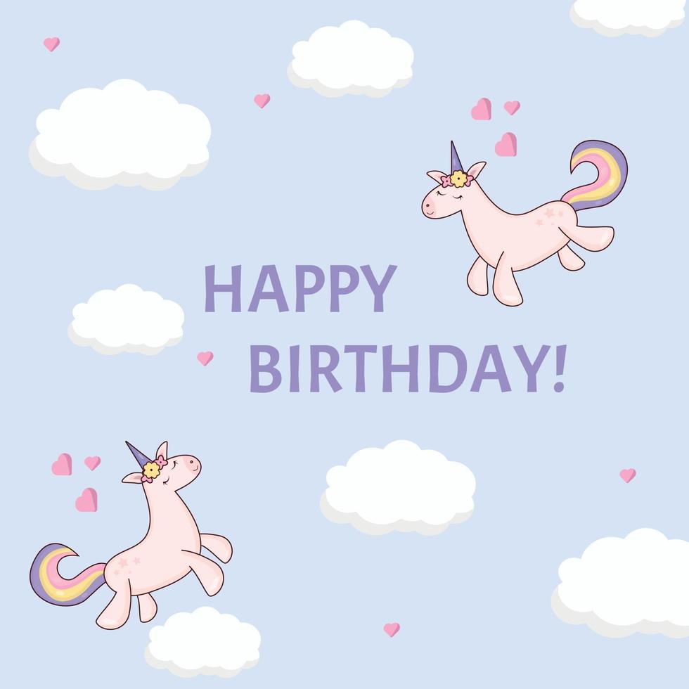 Birthday card with pink unicorns flying vector