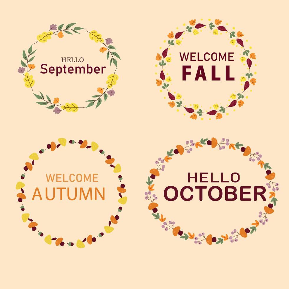 un conjunto de marcos de otoño en forma redonda con hojas, flores y setas en color amarillo, verde y bardo. hola septiembre, octubre. bienvenido otoño, otoño. vector