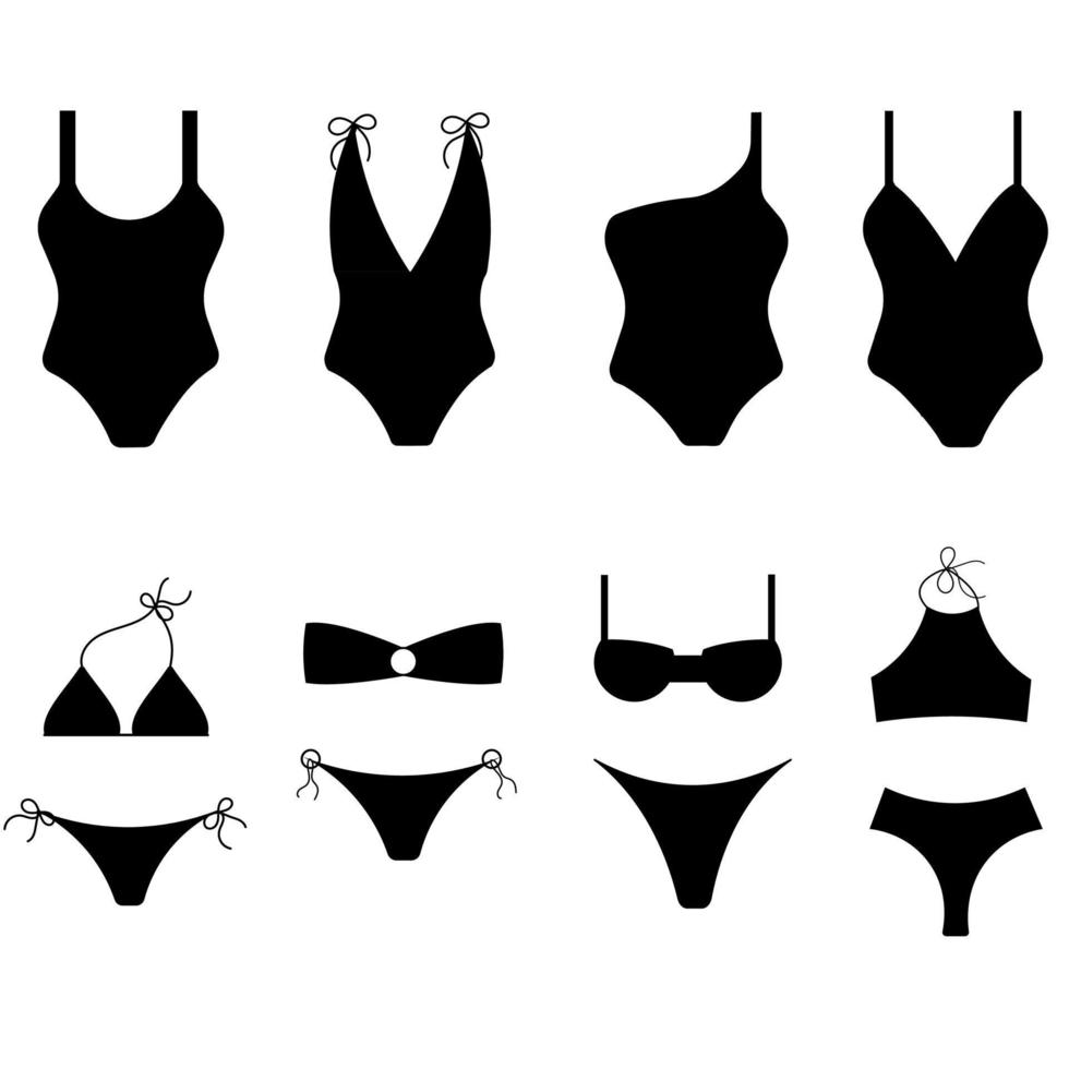 Set of silhouettes of women's swimsuits, isolated on a white background ...