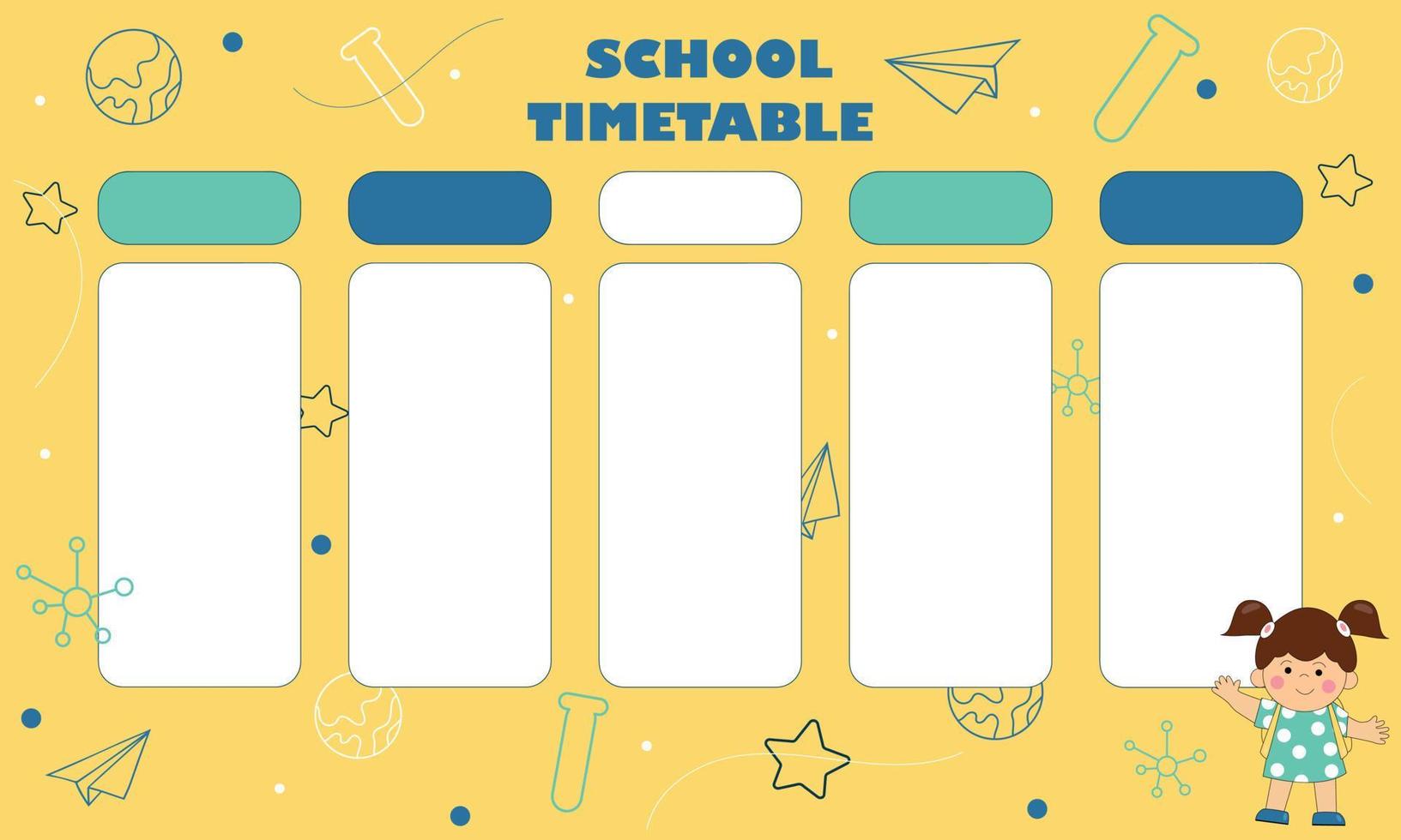 School timetable on yellow background with school items and a girl. vector