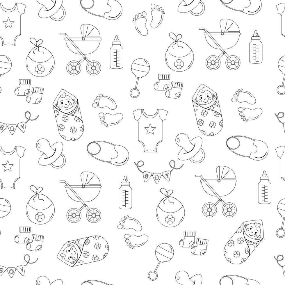 Seamless outline sketch of a baby shower pattern for a boy. Vector illustration