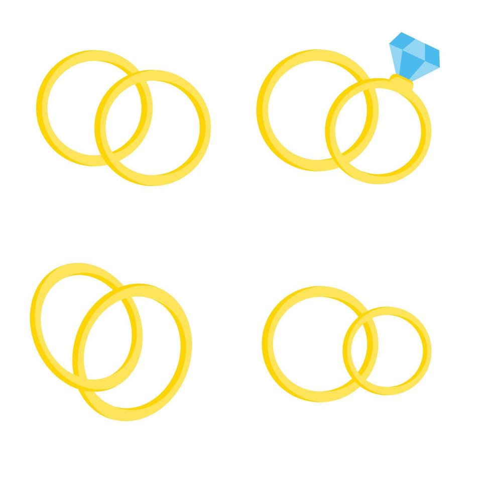 Set of different vector cute wedding rings. Colorful isolated ring on white background