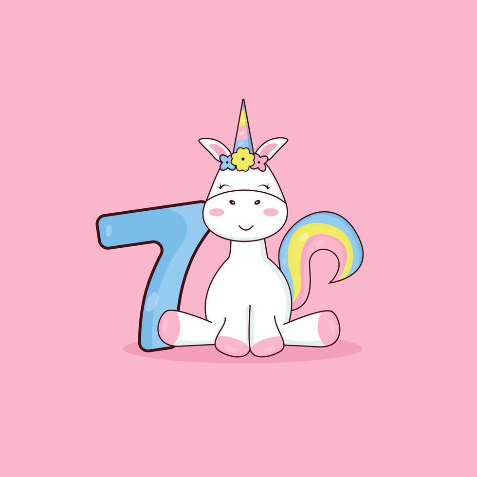 Unicorn card for 7 years vector
