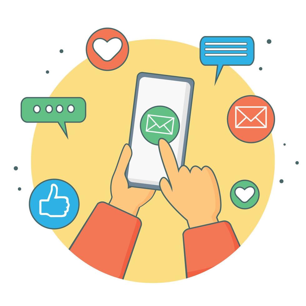 Social media marketing. A hand holds a smartphone and presses the screen. Message, communication. vector