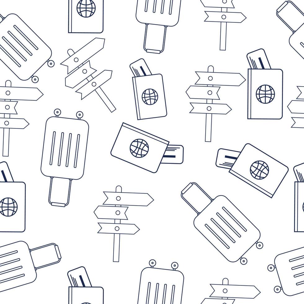 Seamless travel pattern with suitcase, ticket, pointer vector