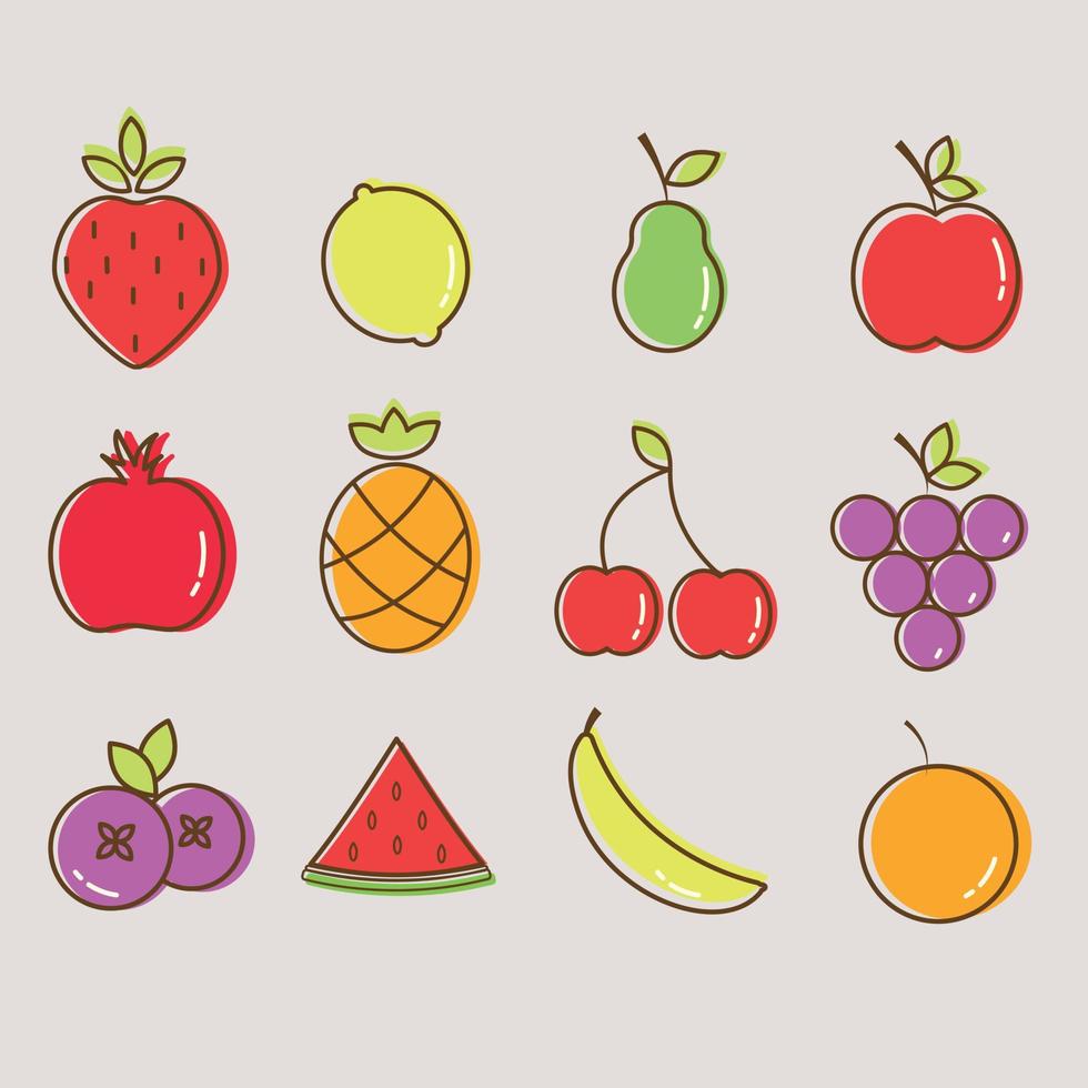 Set of fruit icons in juicy colors vector