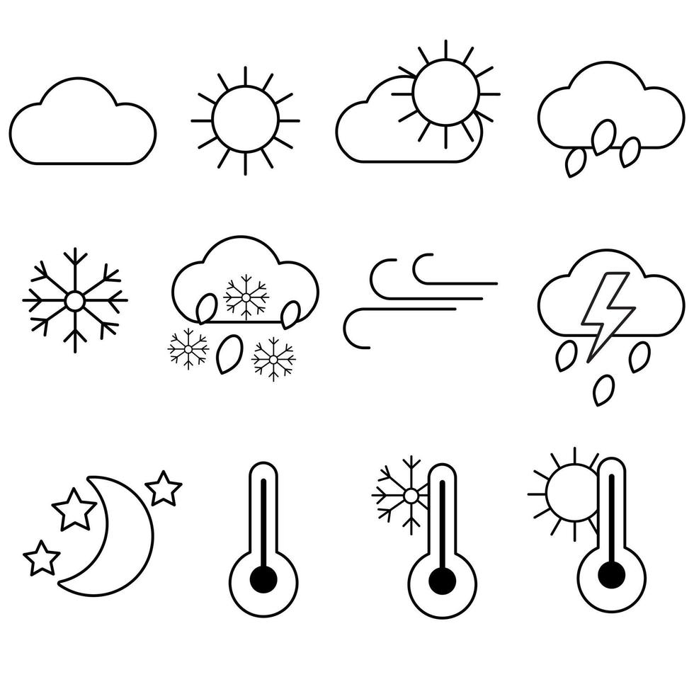 A set of weather icons in black and white. Cloud, moon, thermometer, sun, rain, snow. vector