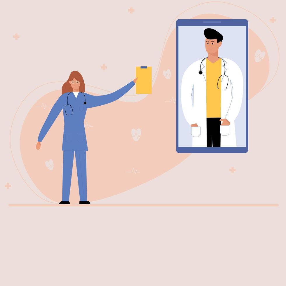 Woman and man in medicine. Nurse and Doctor. The medical staff is holding an extract in their hands. Banner for the site. Illustration or poster. Telephone. White robe and uniform.Online consult vector