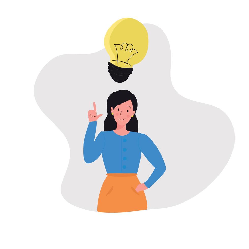 A girl, a woman, and an idea. Business. Creativity. Lightbulb idea. A brunette girl in blue. vector