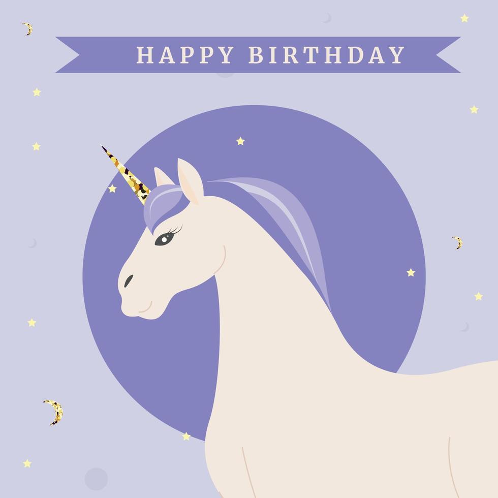 tarjeta de cumpleaños de unicornio blanco con cuerno vector