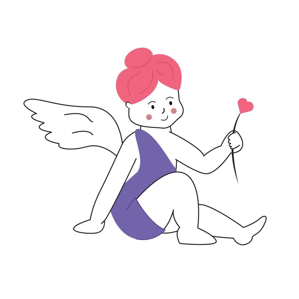 Cupid, the angel girl sits with a heart vector