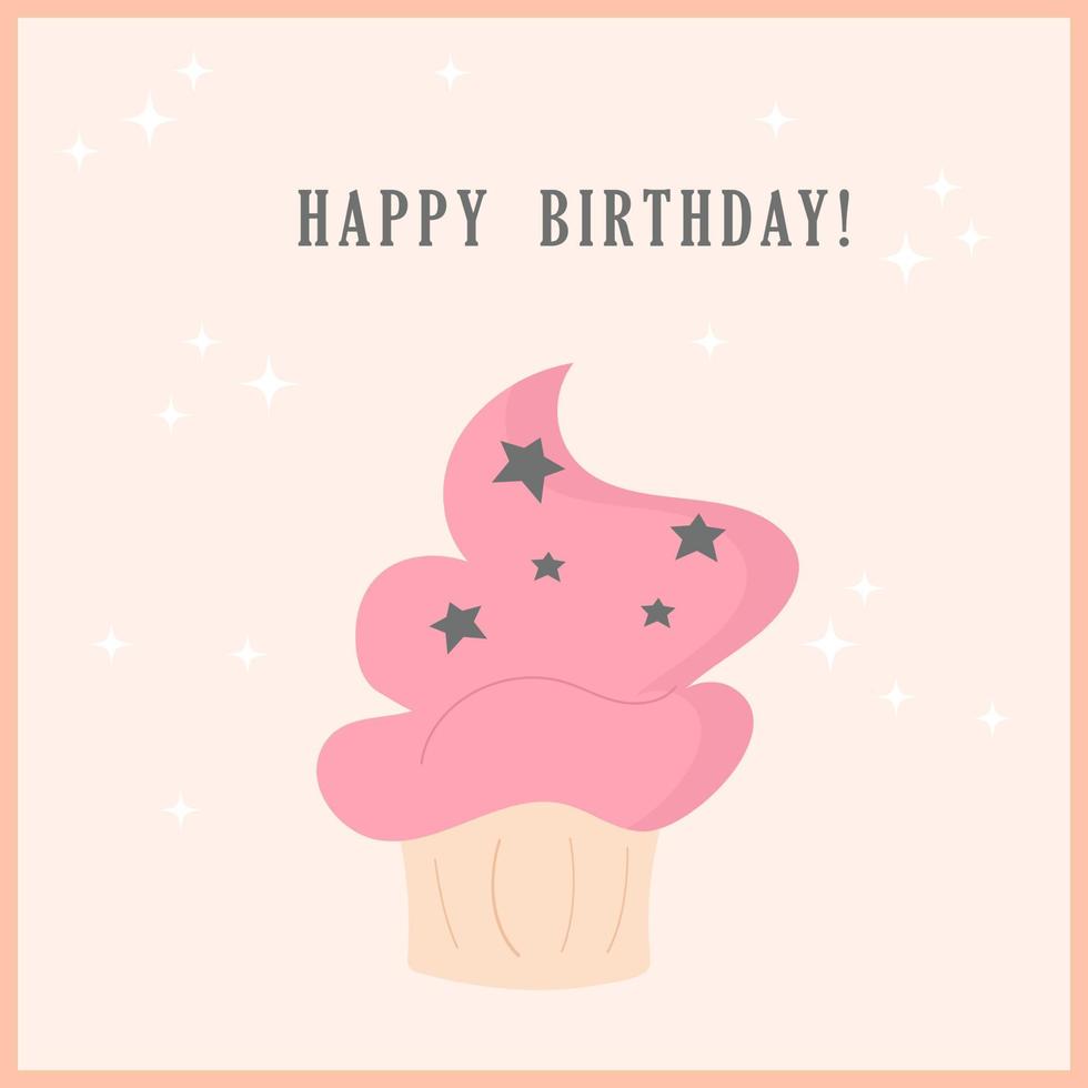 Birthday greeting card with a cupcake on a light background vector