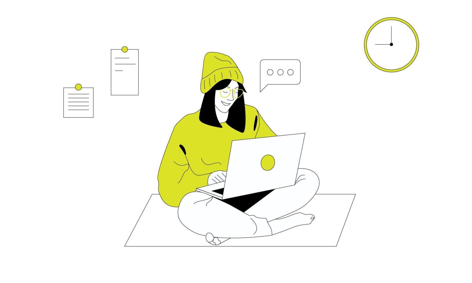 Woman in yellow sits at laptop online working, learning, training vector