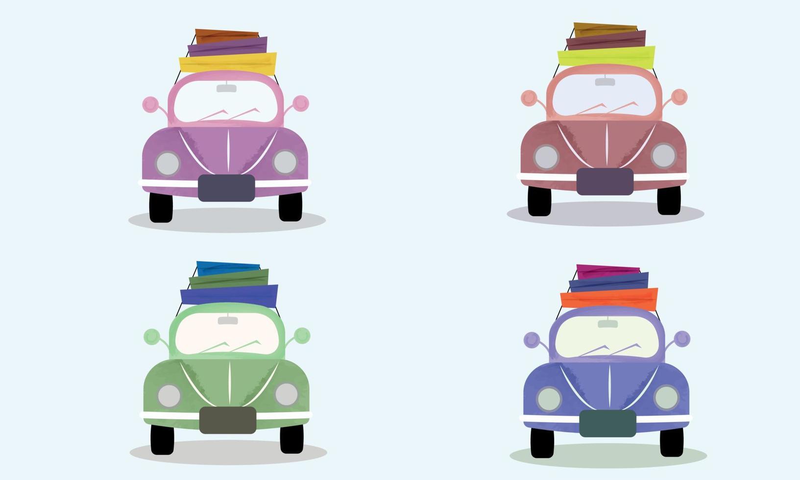 Watercolor style car set. Car with luggage for traveling. Multicolored cars. vector