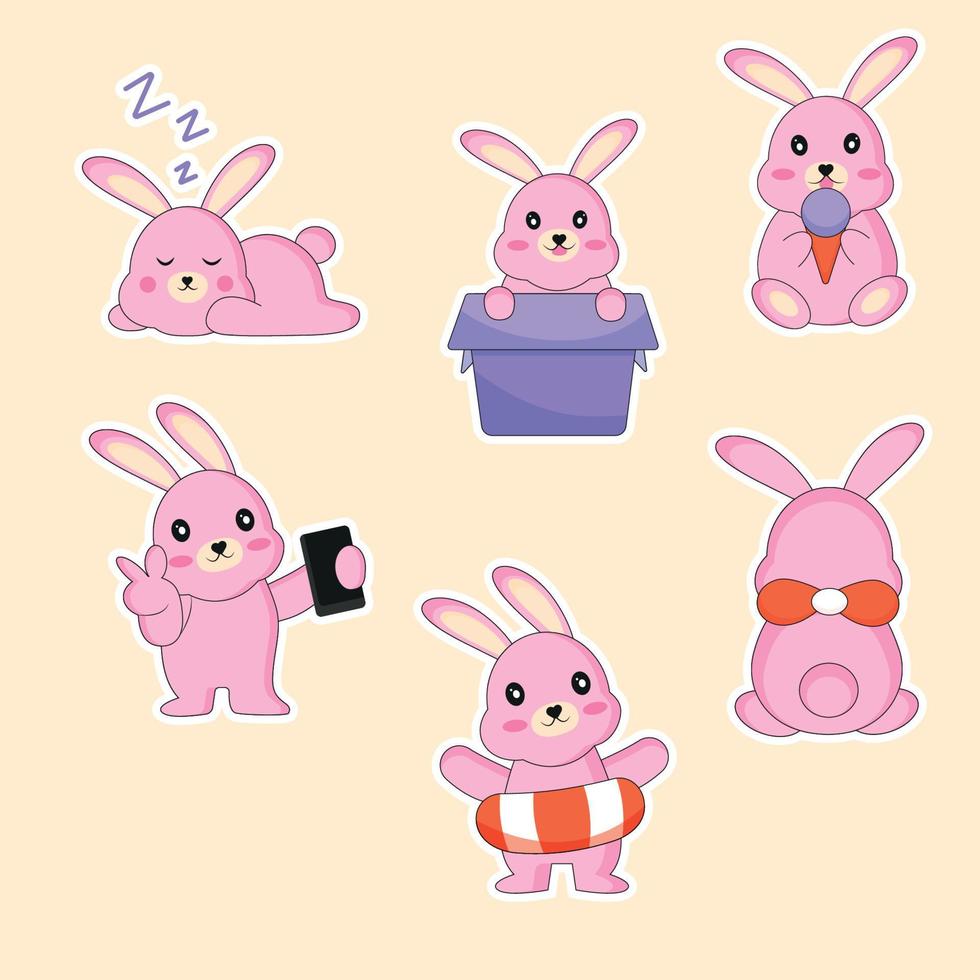 Set of cute rabbits with different emotions.  stickers perfect for kid's card, banners, stickers and other. Isolated vector illustration