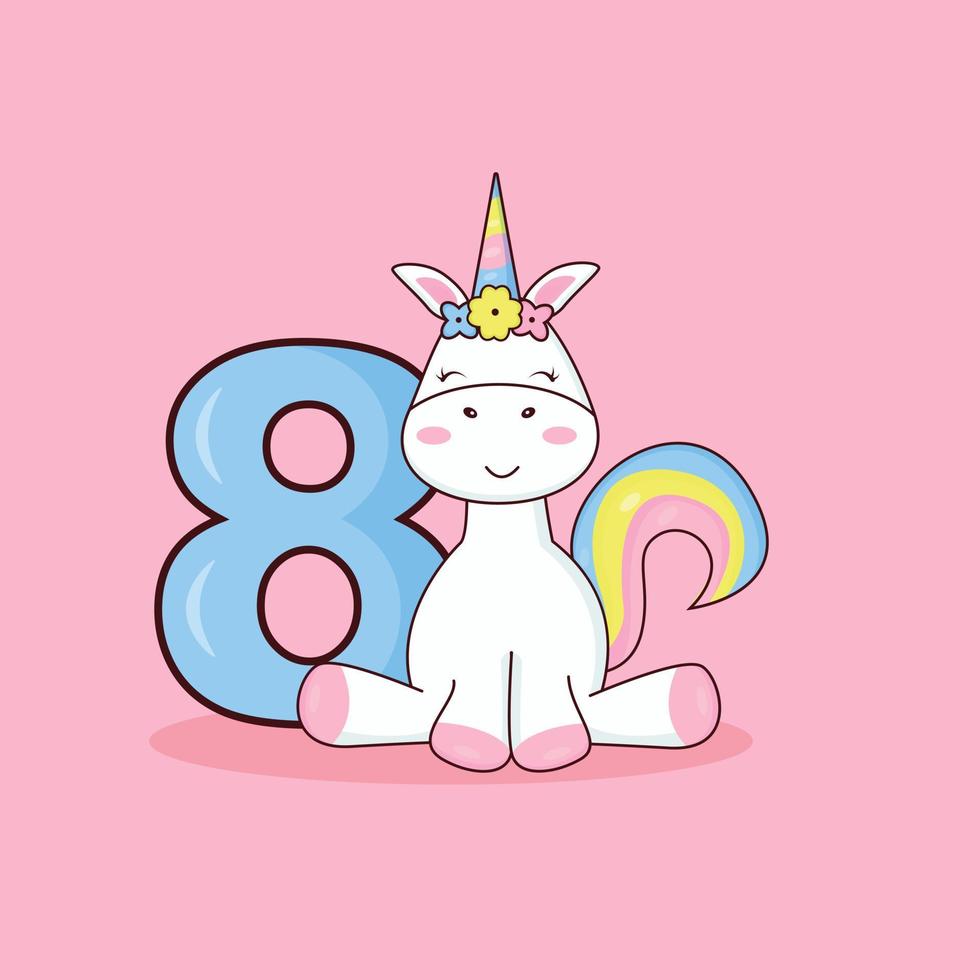 Unicorn card for 8 years vector