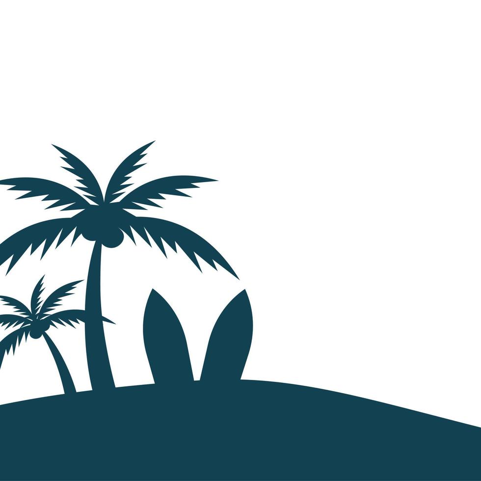 Summer landscape. Silhouette with surfboard and palm trees. Vector illustration.