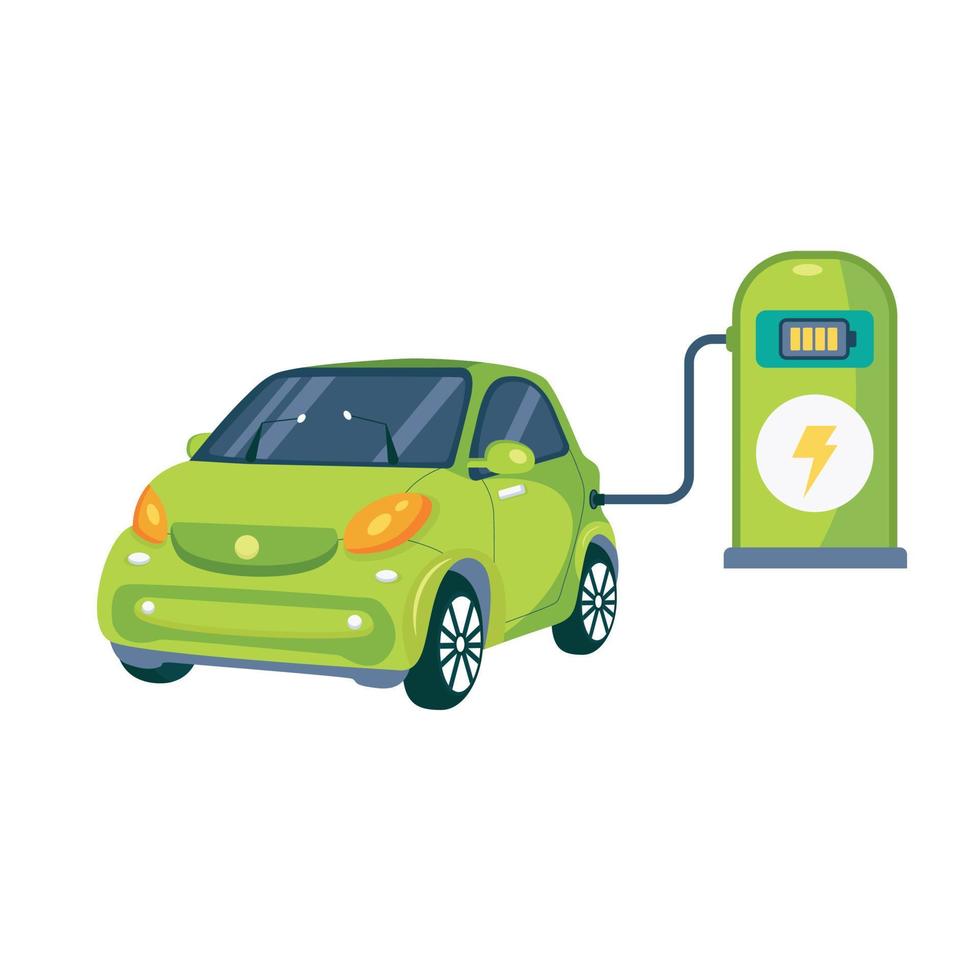 Green electric smart car on charge. Vector illustration