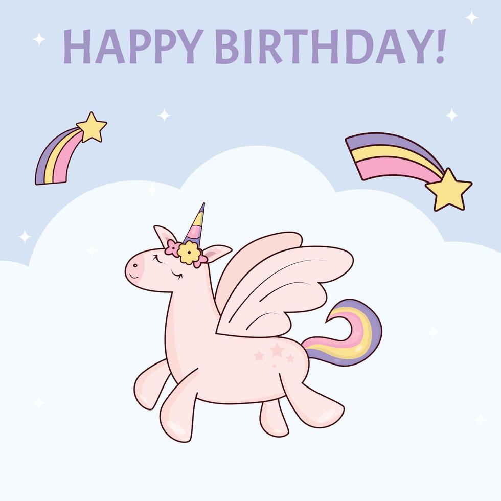 tarjeta de cumpleaños unicornio con alas volando vector