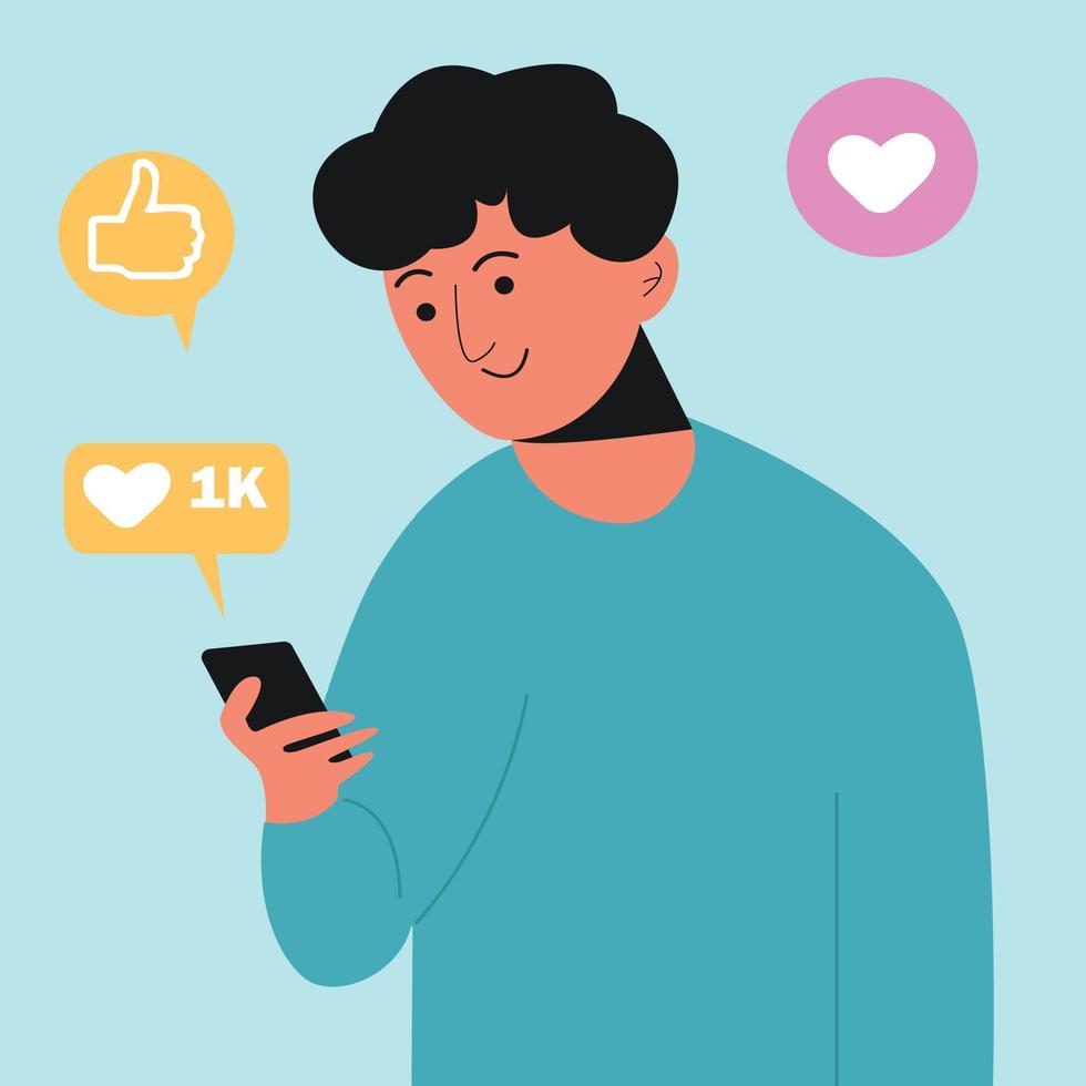 mercadeo en redes sociales. un chico, un hombre moreno que sostiene un teléfono inteligente en azul, negro. vector