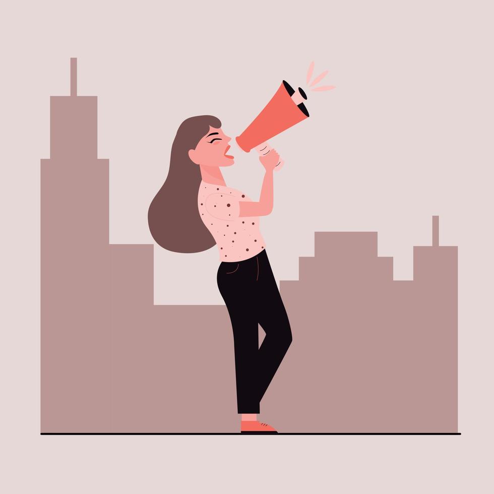 A girl, a brown-haired woman in beige tones speaks, shouting into a loudspeaker in the city. vector