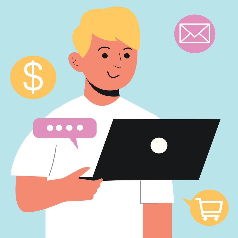 Marketing in social networks.  A guy, a blond man holding a laptop in white. vector