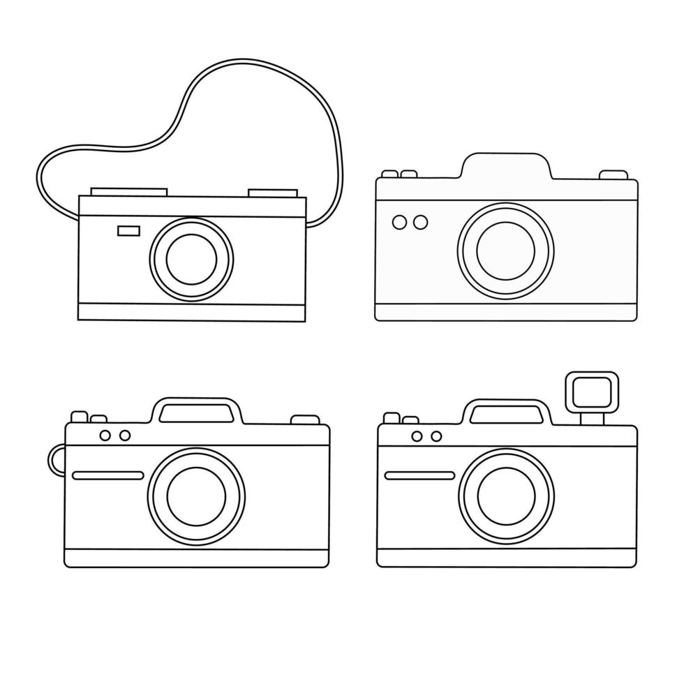 Line style camera set. Flat vector illustration of a camera. Isolated on white background.