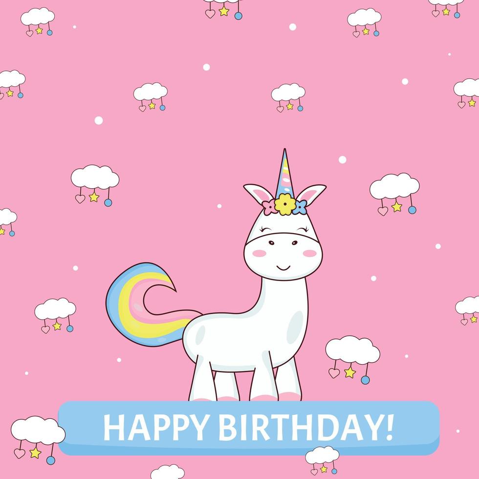 Birthday card with unicorn and clouds in the background vector