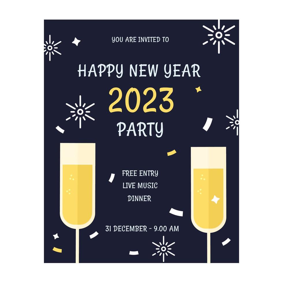 New Year's Eve party invitation with glasses on a dark background. Vector illustration