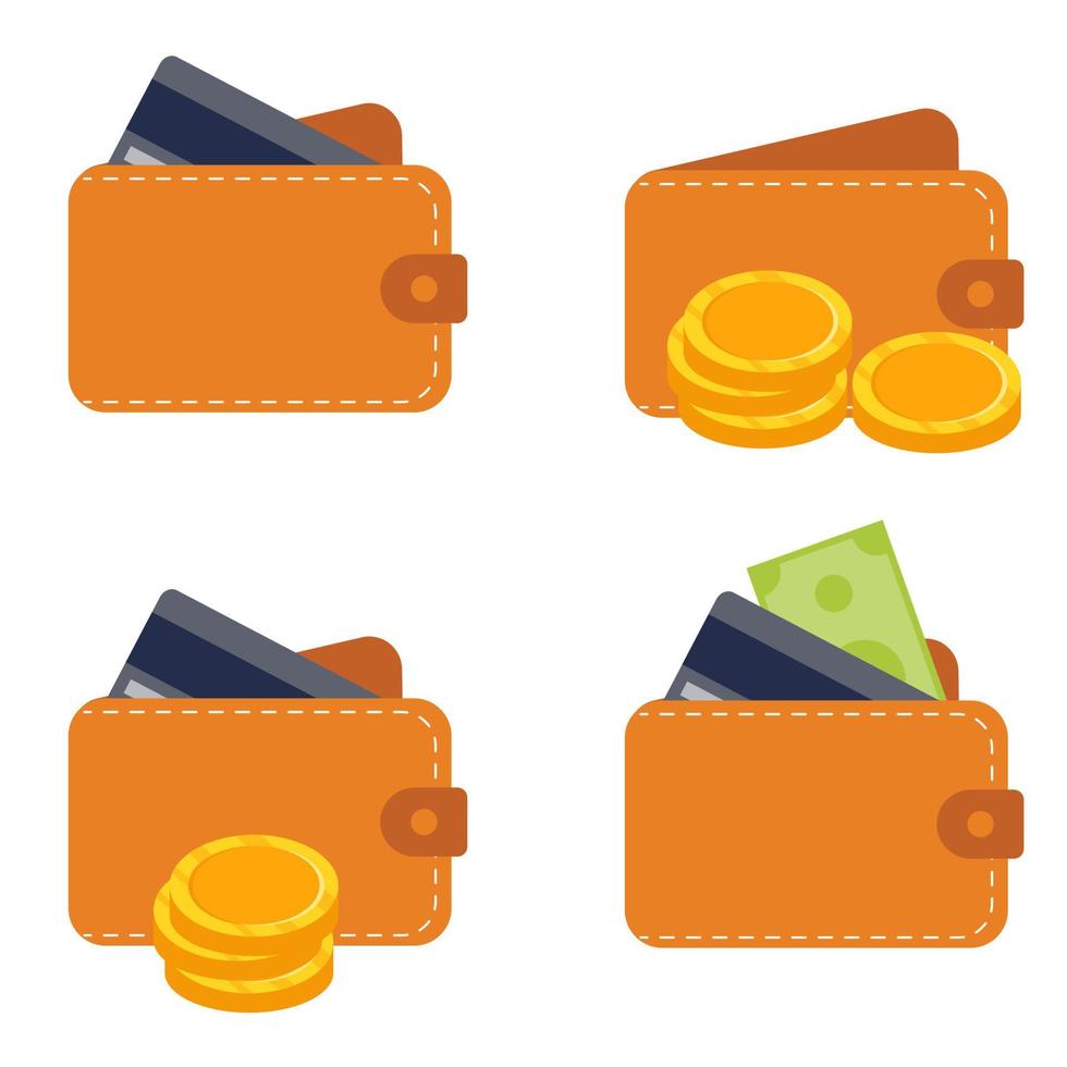 Set Leather wallet with credit card, money and coins.  Vector illustration.