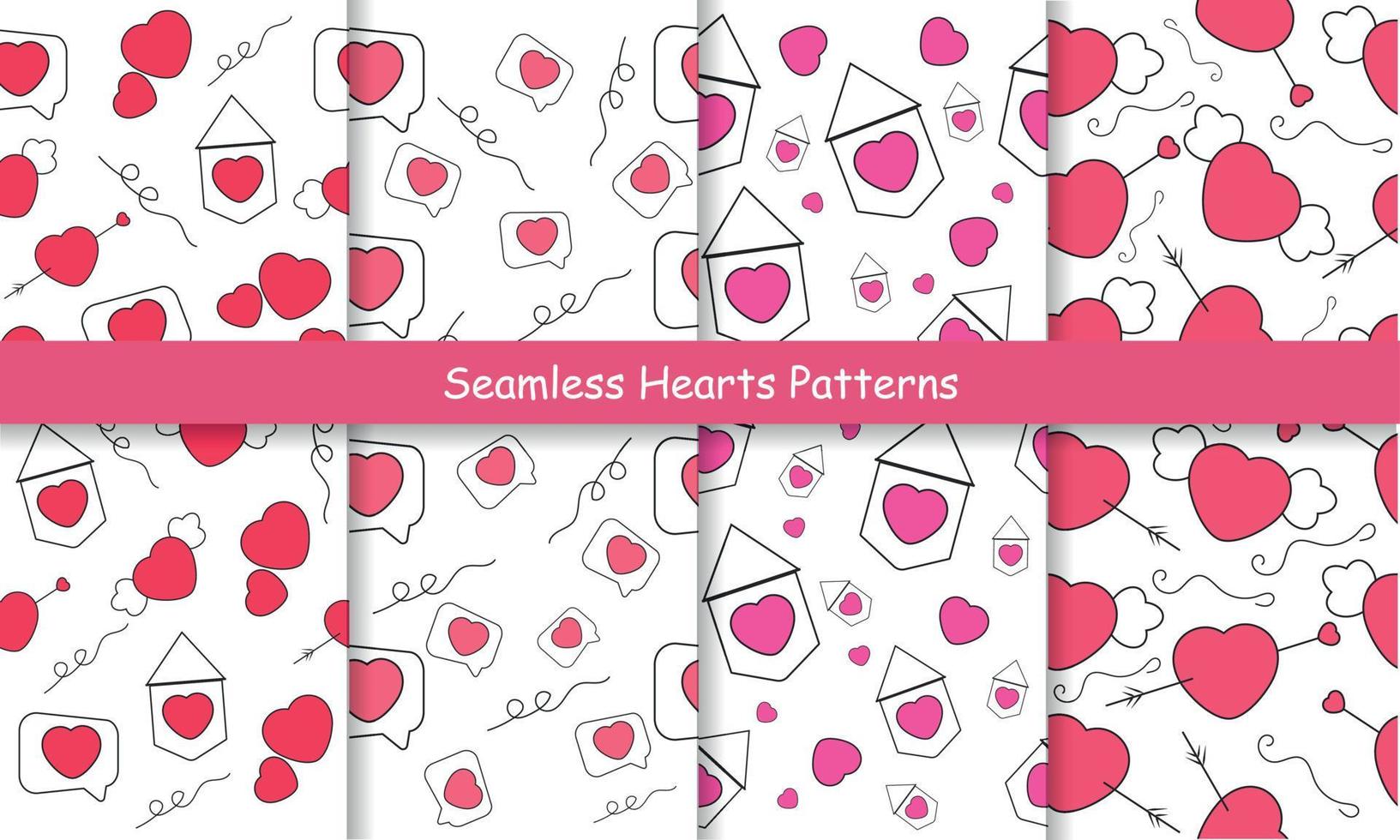 Seamless hearts pattern set in red, pink vector