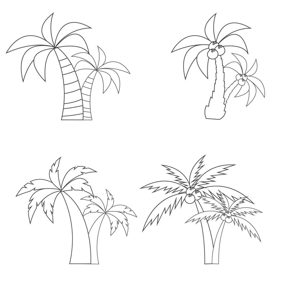 Set of different paired palm trees with coconuts in a line style. Isolated on a white background. Vector illustration.