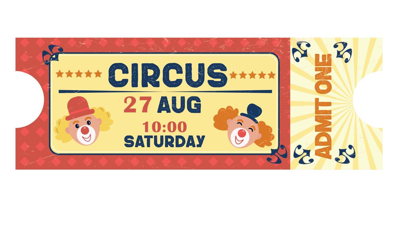 Circus ticket. Clowns. Coupon, ticket for carnival circus performance, event. vector