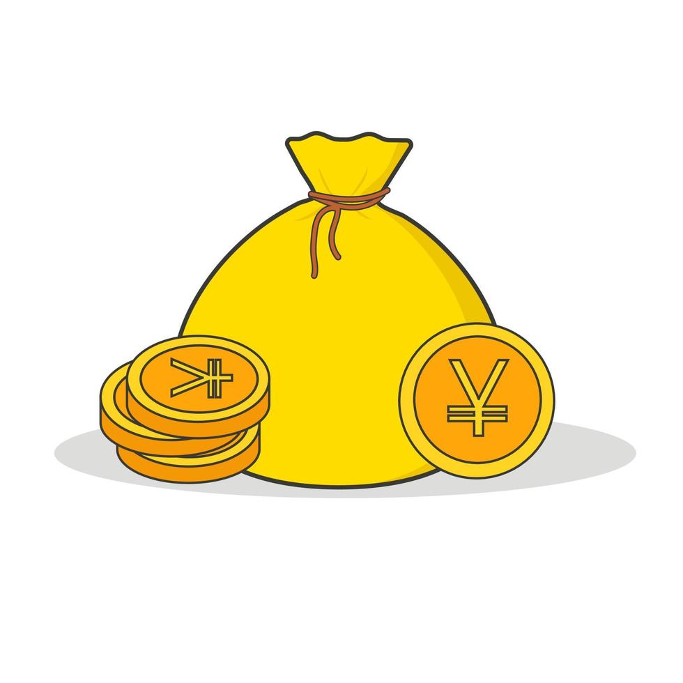 Yellow money bag with yen coins. Vector image, isolated on white background