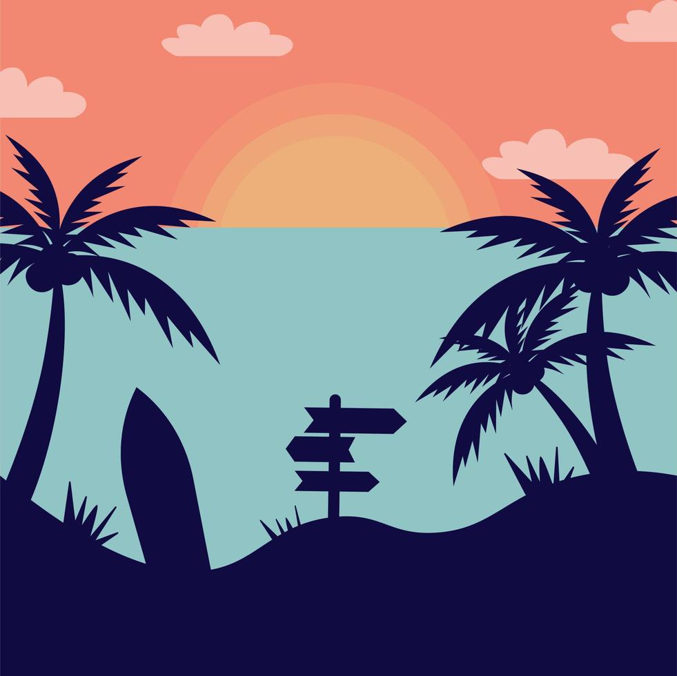 Summer travel background. Sunset sunset with palm trees in the shade. Vector illustration.