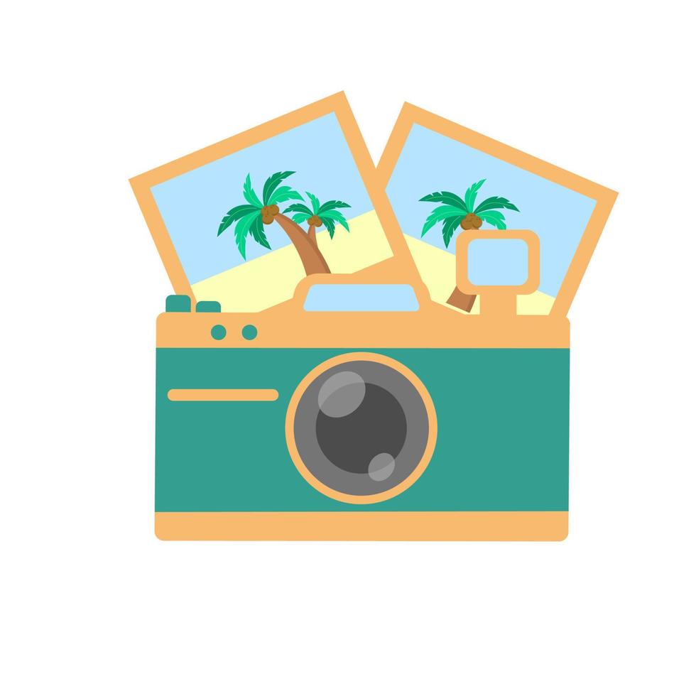 Photocamera with vacation photo with palm trees. Flat vector illustration of a camera. Isolated on white background.