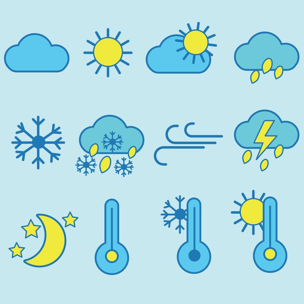 Set of weather icons in blue, blue, yellow. Cloud, moon, thermometer, sun, rain, snow. vector