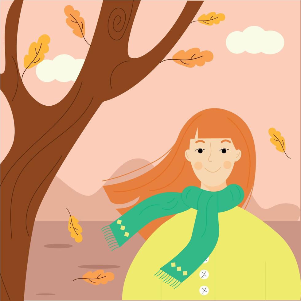 la chica pelirroja de otoño junto al árbol y las hojas que caen con una chaqueta amarilla y una bufanda verde. vector