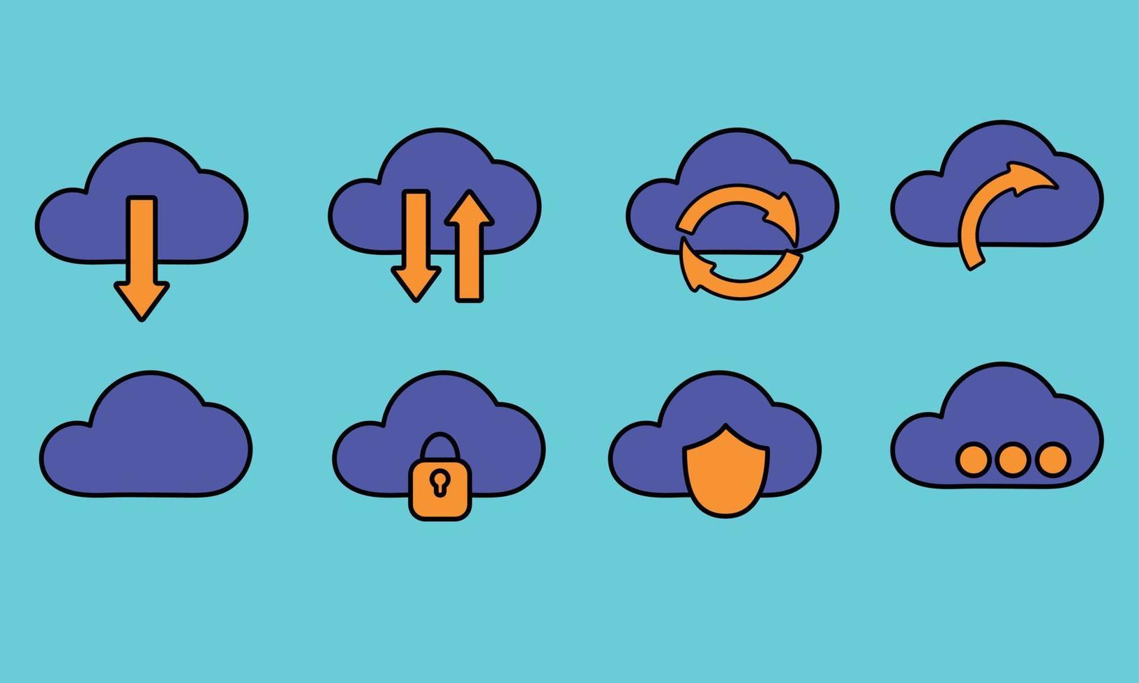 A set of cloud loading icons in blue, yellow. Cloud data. vector