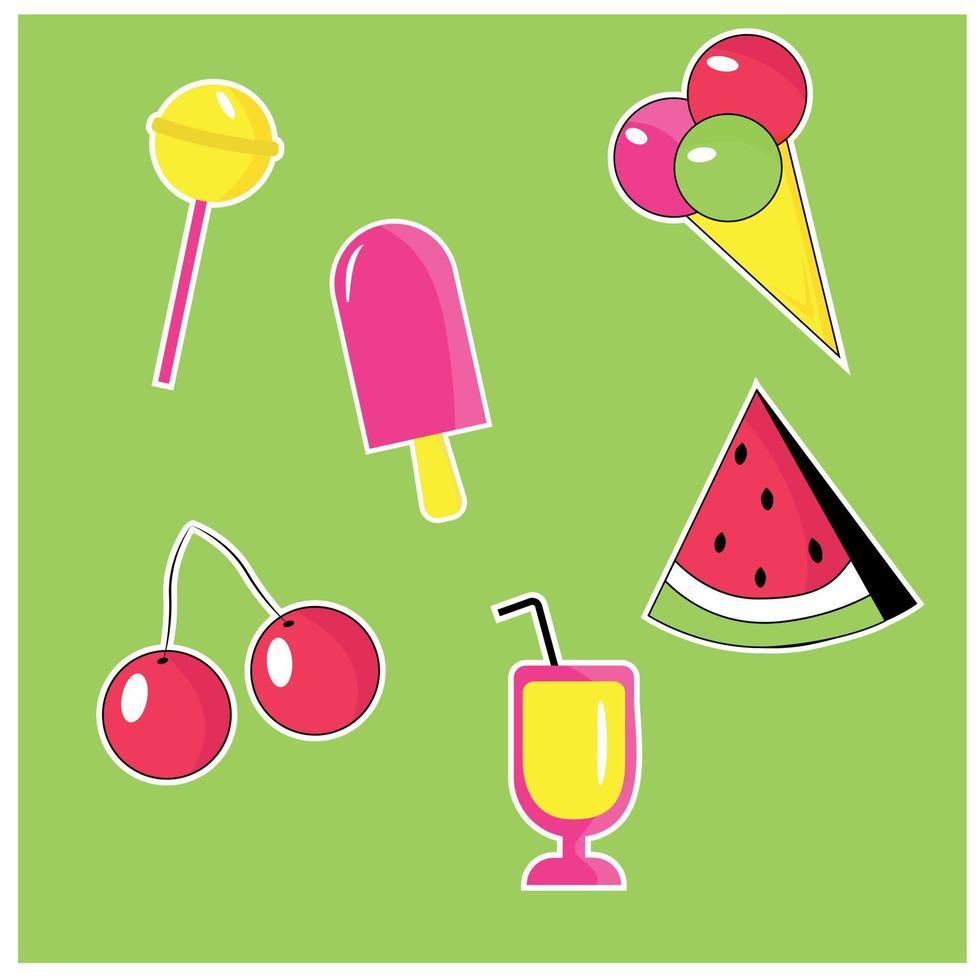 pegatinas de arte pop. conjunto de alimentos helado, sandía, fruta, piruleta. vector