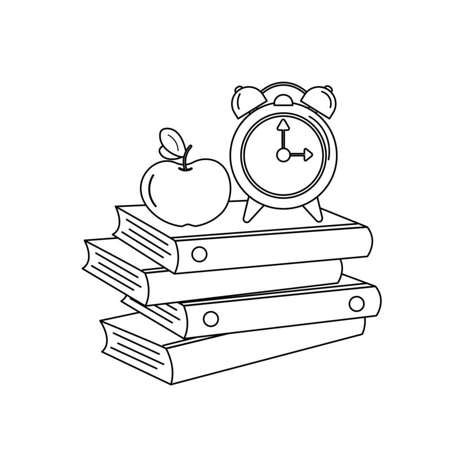 Books, apple, alarm clock style lines. School design. Vector illustration on white background