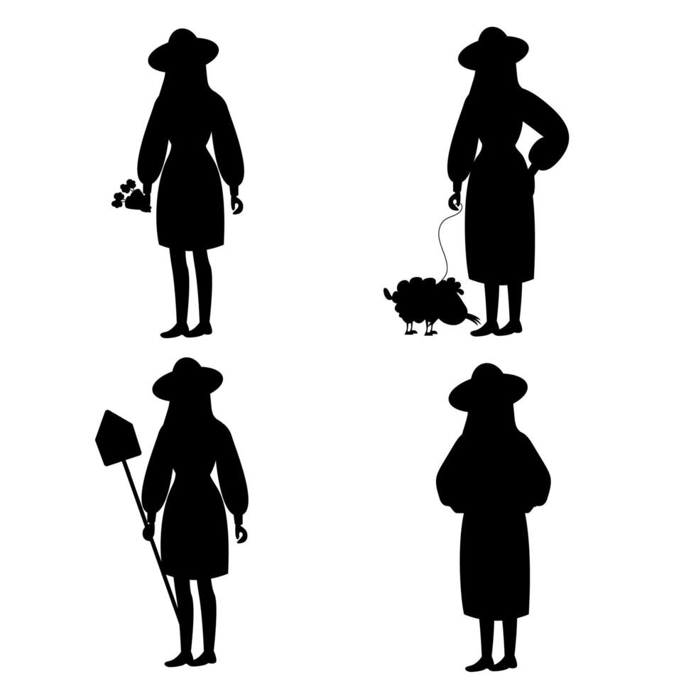 Silhouette of woman farmer with shovel, vegetables, sheep. Vector illustration