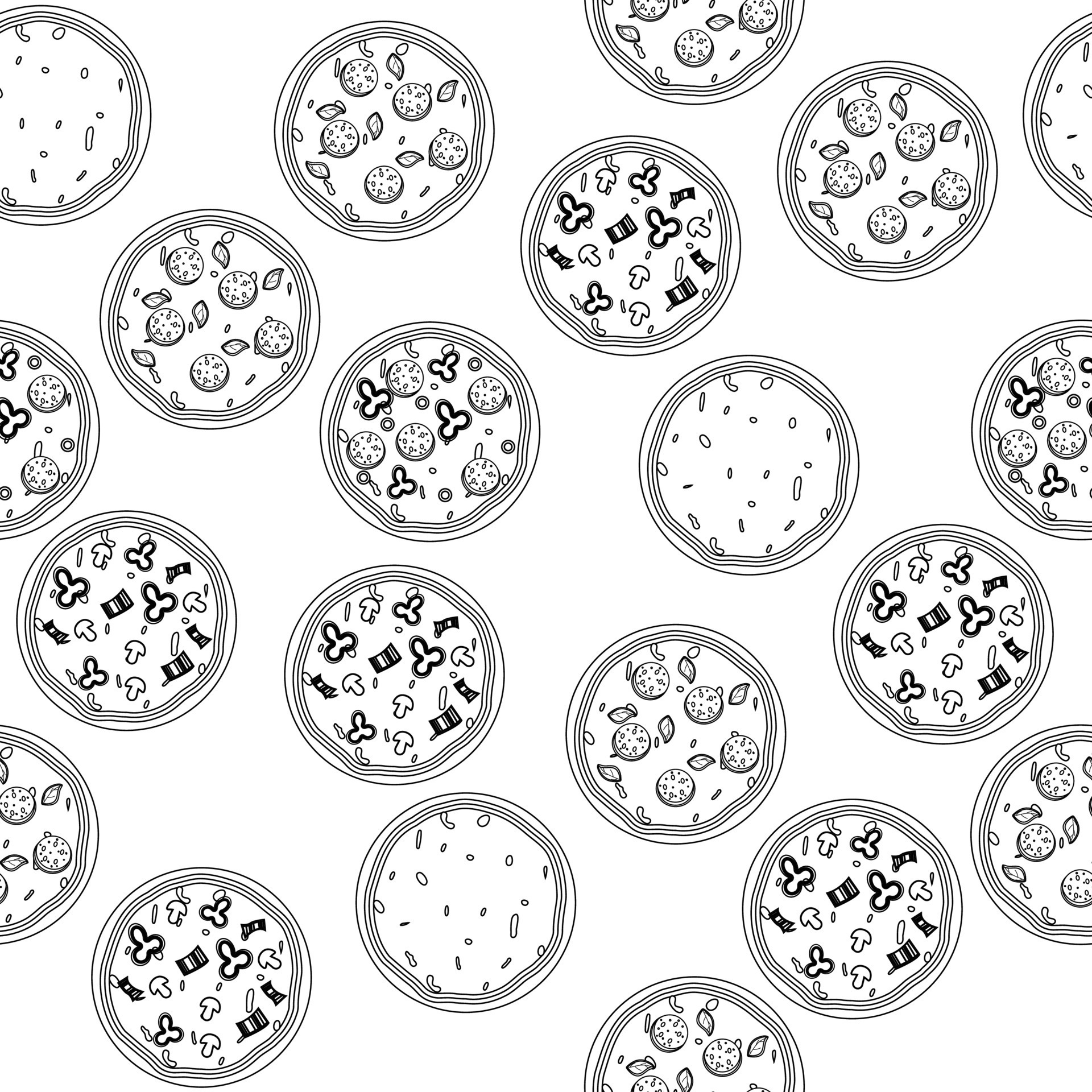 Seamless round pizza pattern in the style of one line fast food